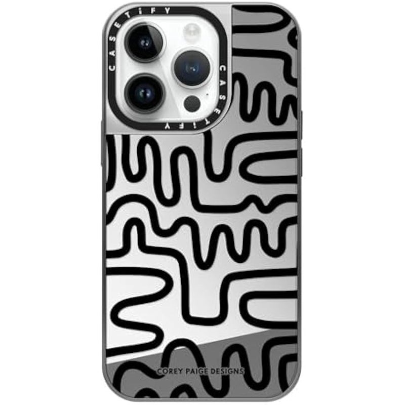 كاستيفي كاسيتي جراب عاكس لموبايل ايفون 14 برو متوافق مع ماج سيف - بلاك لاين ارت - فضي على فضي - Image 1