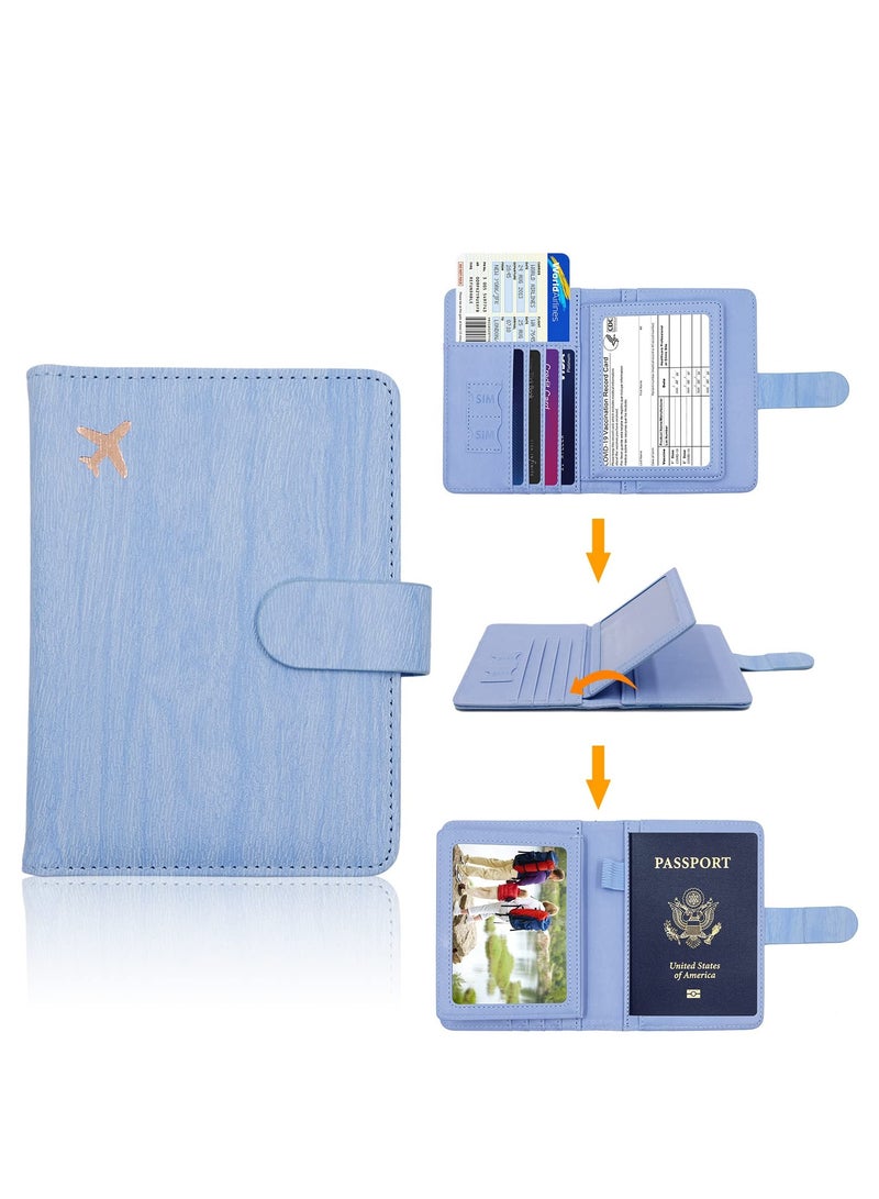 كاست ويف حامل جواز السفر، فتحات بطاقة حامل جواز السفر، حقيبة تخزين شهادات الطائرات الإبداعية، غطاء جواز سفر لطيف للنساء والرجال، محفظة سفر مقاومة للماء مانعة لتقنية تحديد الهوية بموجات الراديو (خشب أزرق) - Image 2