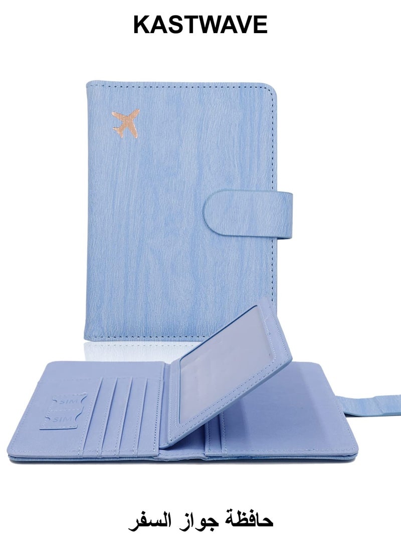 كاست ويف حامل جواز السفر، فتحات بطاقة حامل جواز السفر، حقيبة تخزين شهادات الطائرات الإبداعية، غطاء جواز سفر لطيف للنساء والرجال، محفظة سفر مقاومة للماء مانعة لتقنية تحديد الهوية بموجات الراديو (خشب أزرق) - Image 1