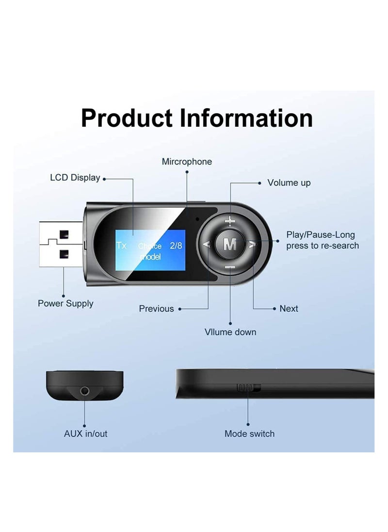 Excefore - Bluetooth Transmitter Receiver with LCD Screen, USB Bluetooth 5.0 Audio Transmitter with 3.5mm Jack, Mini Portable Bluetooth Adapter, Low Latency, for TV, Stereo, Car, Headphones, Speakers, PC - Image 1