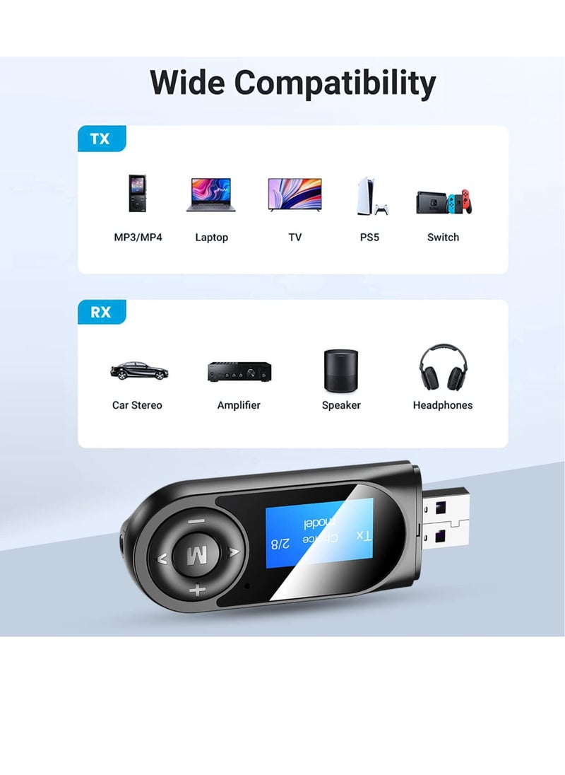 Excefore - Bluetooth Transmitter Receiver with LCD Screen, USB Bluetooth 5.0 Audio Transmitter with 3.5mm Jack, Mini Portable Bluetooth Adapter, Low Latency, for TV, Stereo, Car, Headphones, Speakers, PC - Image 1