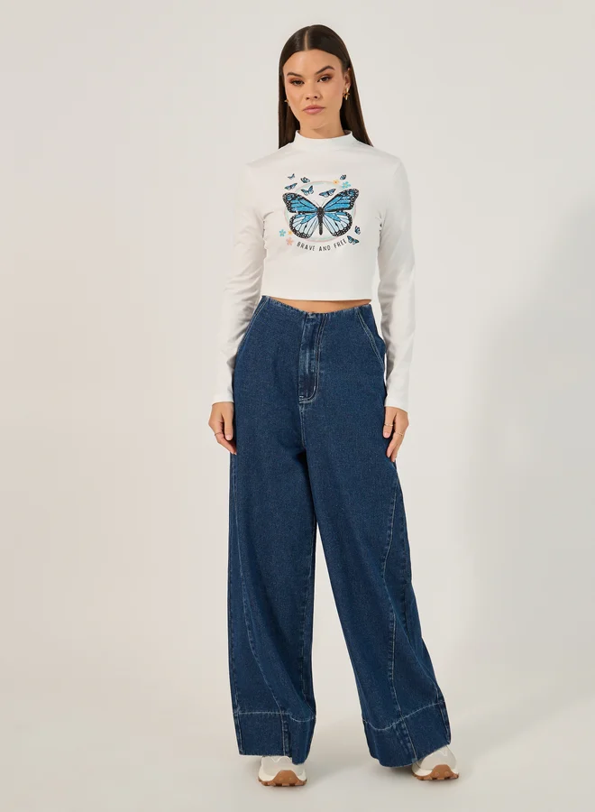 Take Two Take Two Butterfly Printed Long Sleeve Crop Top