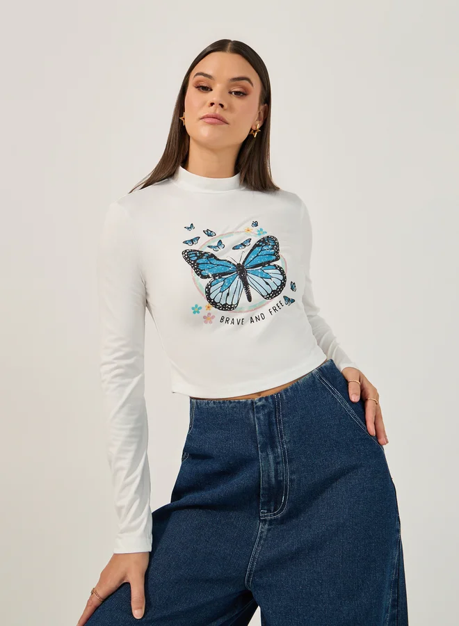 Take Two Take Two Butterfly Printed Long Sleeve Crop Top