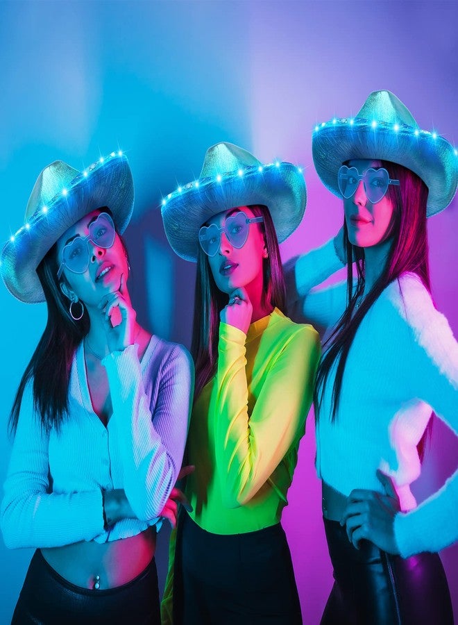 زانماي قبعة رعاة البقر المضيئة بتقنية LED ونظارات شمسية على شكل قلب وقبعة راعية البقر الفضائية اللامعة للنساء والفتيات، زي تنكري للهالوين (أزرق) - Image 4