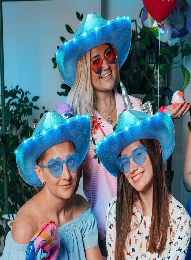 زانماي قبعة رعاة البقر المضيئة بتقنية LED ونظارات شمسية على شكل قلب وقبعة راعية البقر الفضائية اللامعة للنساء والفتيات، زي تنكري للهالوين (أزرق) - Image 3