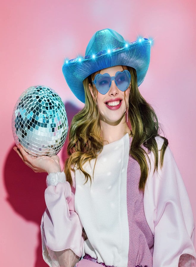 زانماي قبعة رعاة البقر المضيئة بتقنية LED ونظارات شمسية على شكل قلب وقبعة راعية البقر الفضائية اللامعة للنساء والفتيات، زي تنكري للهالوين (أزرق) - Image 5