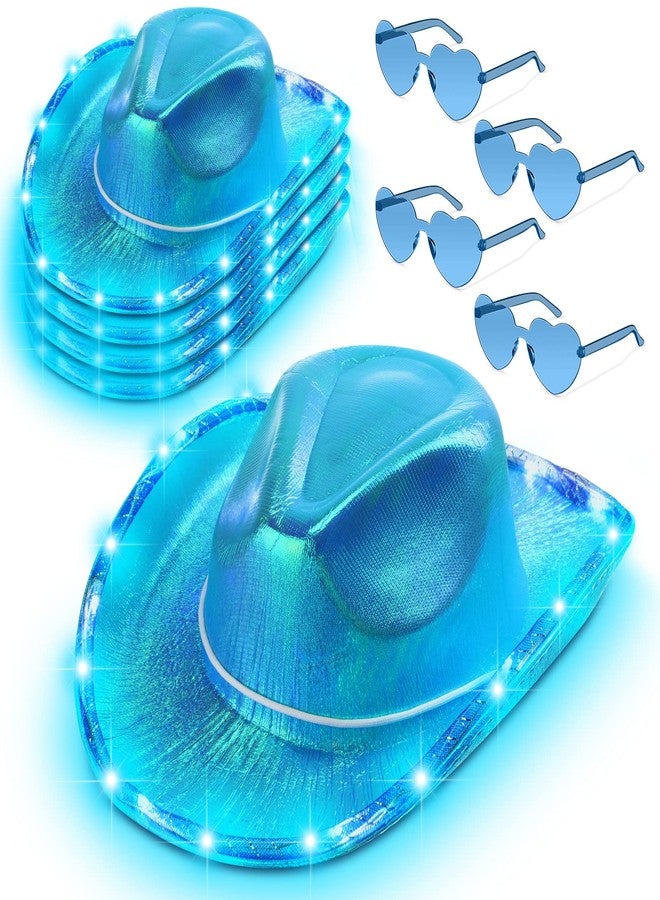 زانماي قبعة رعاة البقر المضيئة بتقنية LED ونظارات شمسية على شكل قلب وقبعة راعية البقر الفضائية اللامعة للنساء والفتيات، زي تنكري للهالوين (أزرق) - Image 1