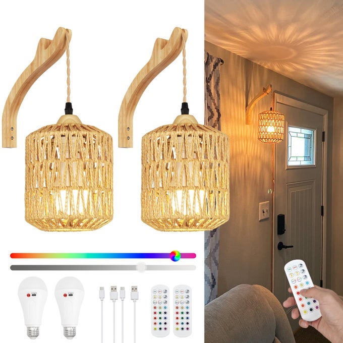 FRIDEKO BOHO RECHARGEABLE WALL SCONCES SET OF TWO WITH REMOTE RGB 15 COLORS DIMMABLE BATTERY OPERATED WALL LIGHT INDOOR WIRELESS WALL LAMP WITH 3 TIMER FARMHOUSE RATTAN WALL LIGHTING FOR BEDROOM