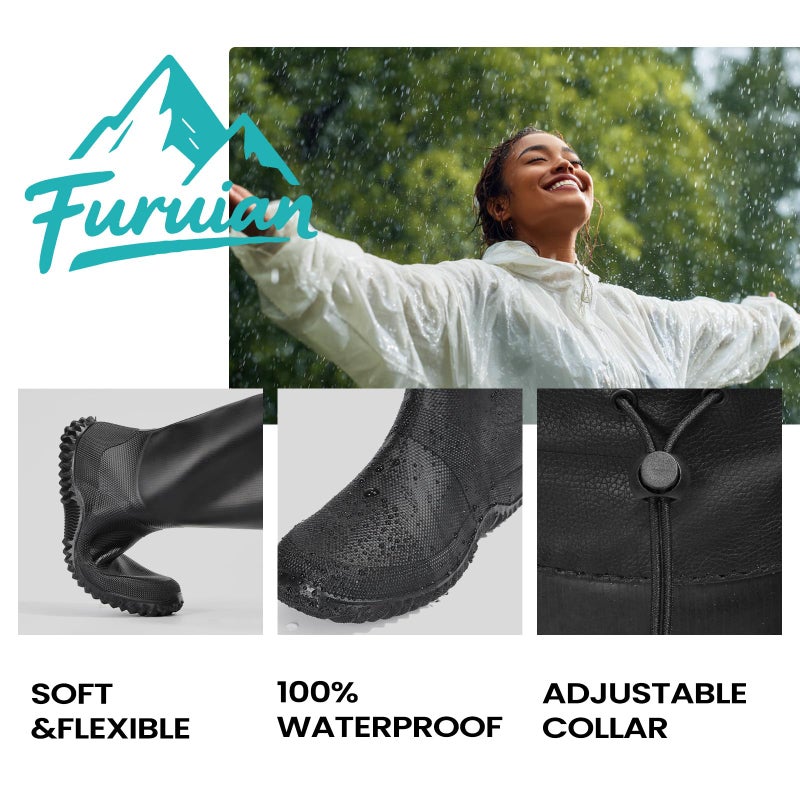 Furuian Rain Boots Women Tall Packable Garden Boots Waterproof Boots for Women Lightweight PVC Boots Flat Mud Boots Black - Image 5