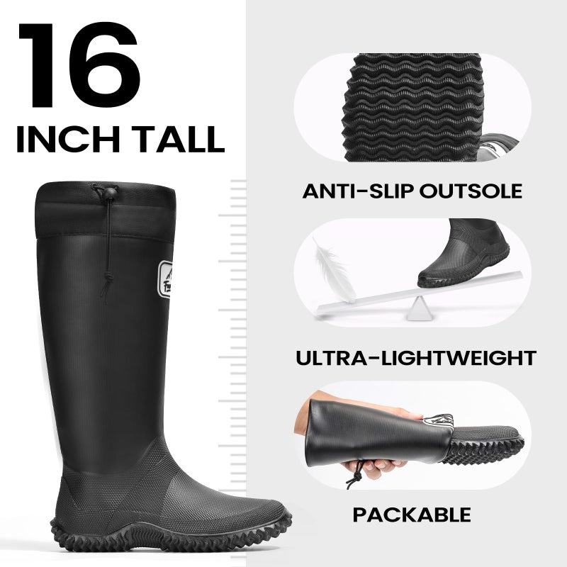 Furuian Rain Boots Women Tall Packable Garden Boots Waterproof Boots for Women Lightweight PVC Boots Flat Mud Boots Black - Image 4