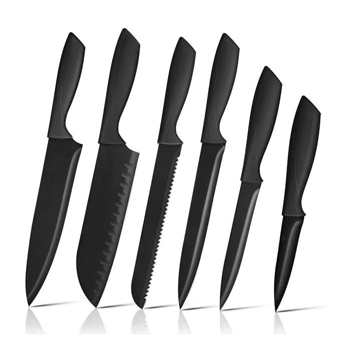 WHISKET Black Chef Knife Set with Protective Sheaths Stainless Steel NonStick Coating Knives with Hollow Handles All Metal Construction Ideal for Beginner and Professional Chef 6 PC Knife Set - Image 1