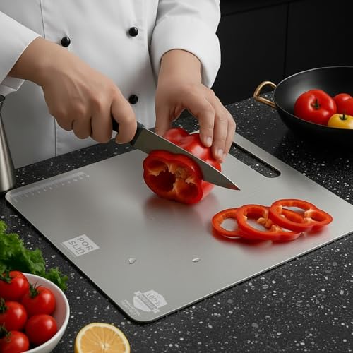 Porslin by Philips Stainless Steel Chopping Board Large, Chopping Board Steel Vegetable Cutting Board Steel for Kitchen Use SS Chopper Board, Metal Cutter Board Large 36X31cm Premium Heavy Duty - Image 1