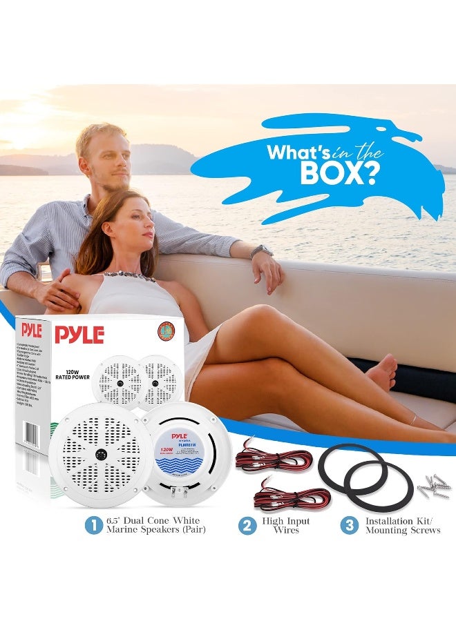 Pyle Pyle 6.5 Inch Dual Marine Speakers - 2 Way Waterproof and Weather Resistant Outdoor Audio Stereo Sound System with 120 Watt Power, Polyprone Cone and Cloth Surround - 1 Pair - PLMR61W (White)  - Image 2