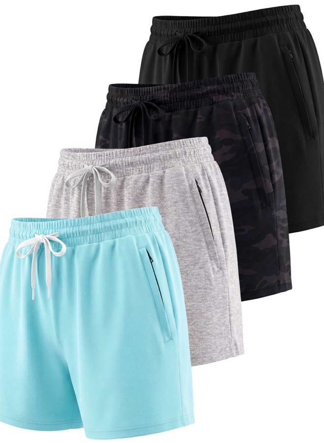 REALESSENTIALS 4 Pack: Women s Ladies Active Athletic Performance Quick Dry Dri Fit Shorts Tennis Casual Workout 4" Inseam Summer Clothes Lounge Basketball Yoga Jogging Zipper Running Fitness Training- Set 10, S - Image 1