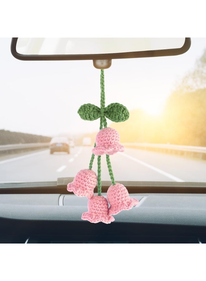 SUNSAR Tulip Car Mirror Hanging Ornaments, Car Interior Floral Aesthetic Accessories, Hand Woven Crochet Cute Lily of the Valley (Pink) - Image 4