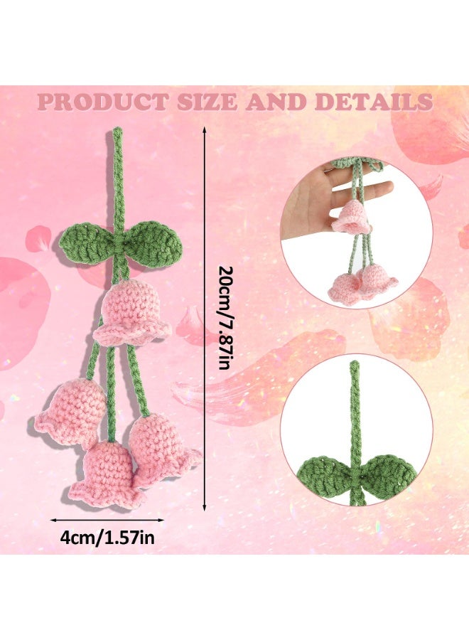 SUNSAR Tulip Car Mirror Hanging Ornaments, Car Interior Floral Aesthetic Accessories, Hand Woven Crochet Cute Lily of the Valley (Pink) - Image 2