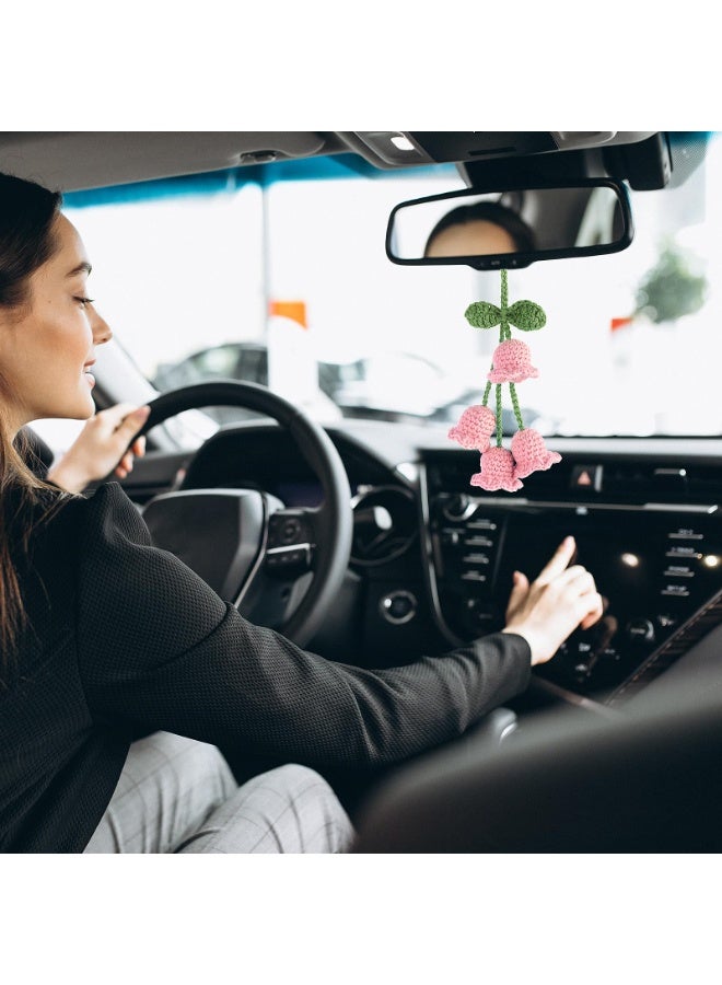SUNSAR Tulip Car Mirror Hanging Ornaments, Car Interior Floral Aesthetic Accessories, Hand Woven Crochet Cute Lily of the Valley (Pink) - Image 5