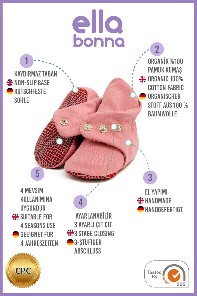 Ella Bonna Organic Cotton Baby Slippers, Non-Slip Sole, Newborn Booties, Home Nursery Shoes, Dusty Rose  - Image 4