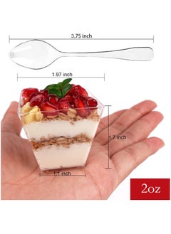 Folanry 50 Pack 2 oz /60ml Mini Dessert Cups with Spoons, Square Clear Plastic Appetizer Cups, Reusable Parfait Cups, Small Dessert Bowls for Serving Fruit Ice Cream Pudding Yogurt  - Image 3