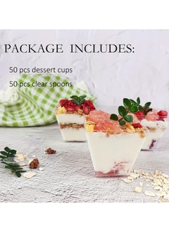 Folanry 50 Pack 2 oz /60ml Mini Dessert Cups with Spoons, Square Clear Plastic Appetizer Cups, Reusable Parfait Cups, Small Dessert Bowls for Serving Fruit Ice Cream Pudding Yogurt  - Image 4
