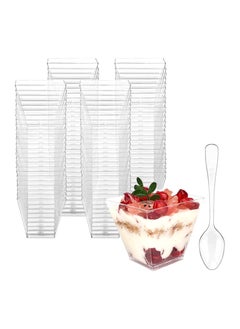 Folanry 50 Pack 2 oz /60ml Mini Dessert Cups with Spoons, Square Clear Plastic Appetizer Cups, Reusable Parfait Cups, Small Dessert Bowls for Serving Fruit Ice Cream Pudding Yogurt  - Image 1