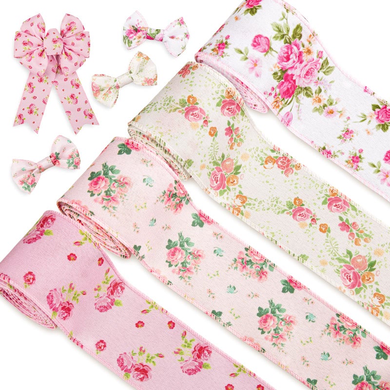 Whaline Pink Floral Wired Edge Ribbon 4 Rolls Rose Flower Pattern Ribbon Spring Summer Fabric Decorative Craft Ribbons for Mothers Day Gift Wrapping Hair Bow Sewing Wreath Crafts 20 Yard x 25 Inch
