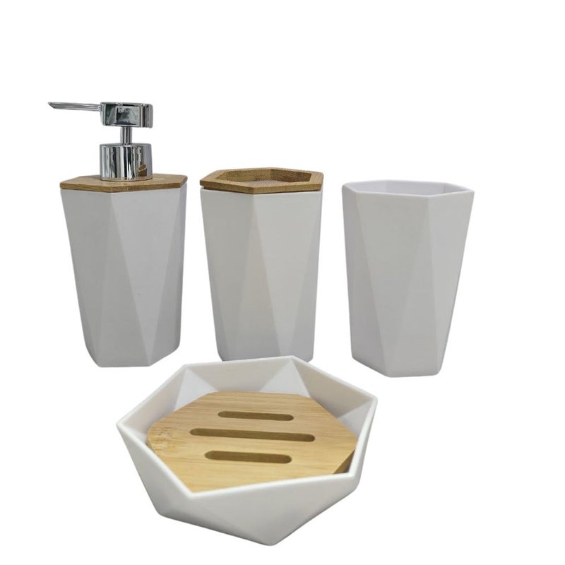 Bathroom Accessory Set, 4 Pieces, with Bamboo Lids, Includes Soap Dispenser, 2 Toothbrush Holders, Soap Case - Image 1