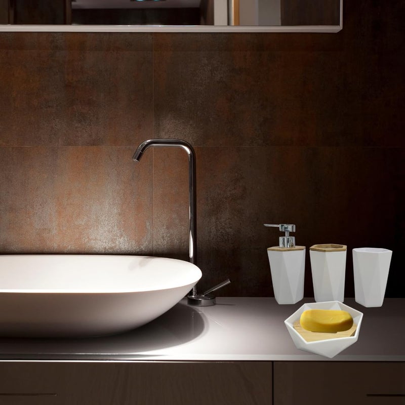 Bathroom Accessory Set, 4 Pieces, with Bamboo Lids, Includes Soap Dispenser, 2 Toothbrush Holders, Soap Case - Image 2