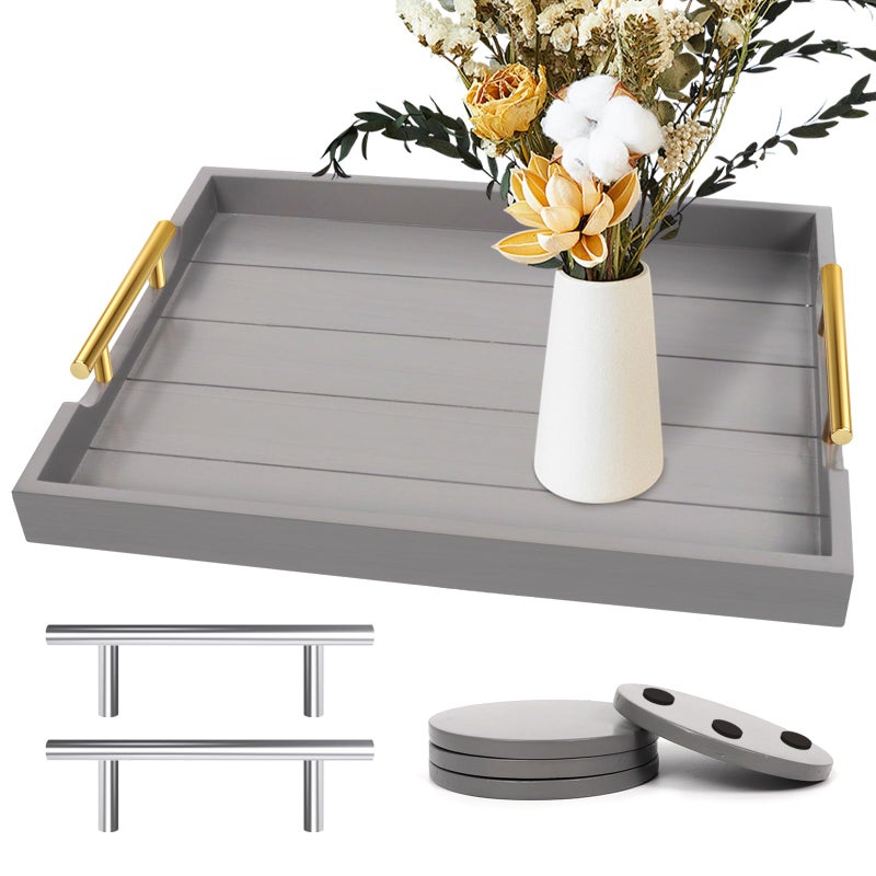 SXNOWS Large Wood Ottoman Tray - With Handles, Includes 4 Round Coasters - Living Room Coffee Table Serving Tray, Gray (2 Set) - Image 1
