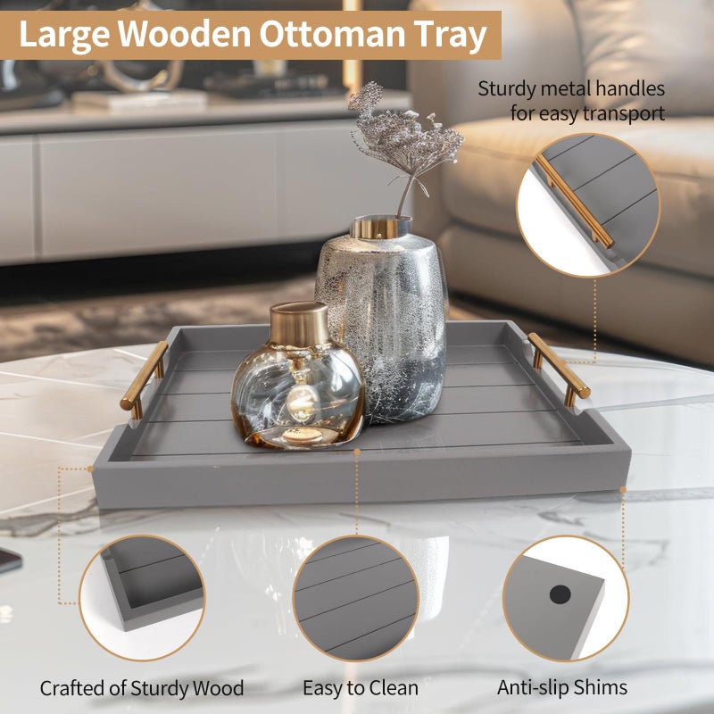SXNOWS Large Wood Ottoman Tray - With Handles, Includes 4 Round Coasters - Living Room Coffee Table Serving Tray, Gray (2 Set) - Image 2