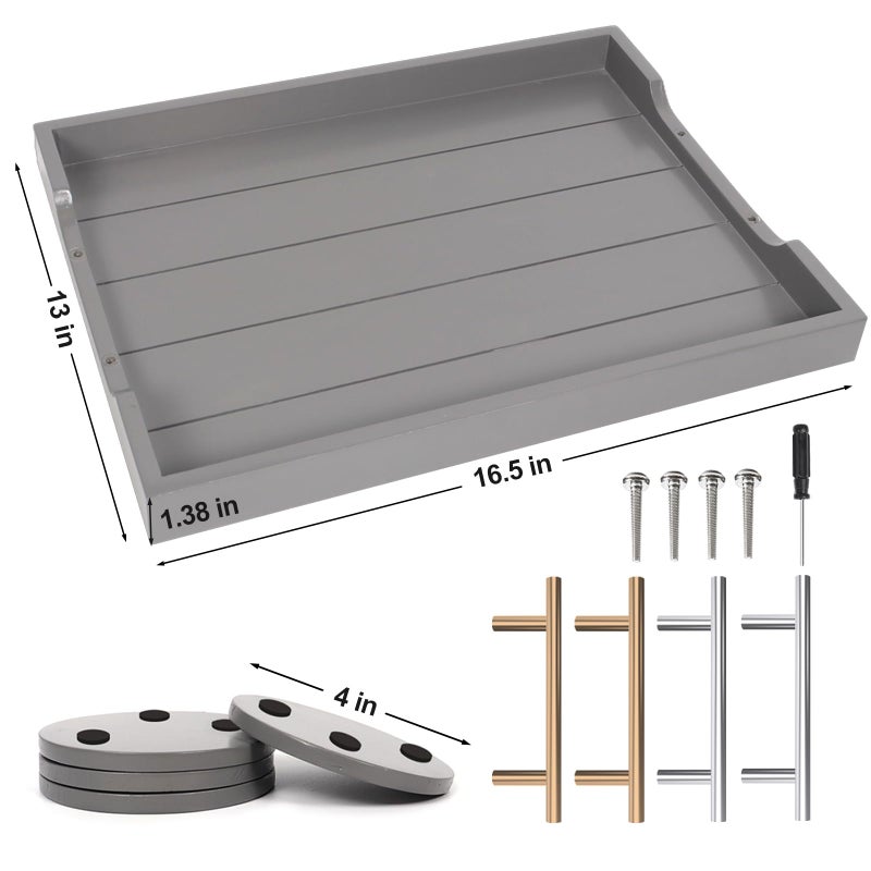 SXNOWS Large Wood Ottoman Tray - With Handles, Includes 4 Round Coasters - Living Room Coffee Table Serving Tray, Gray (2 Set) - Image 3