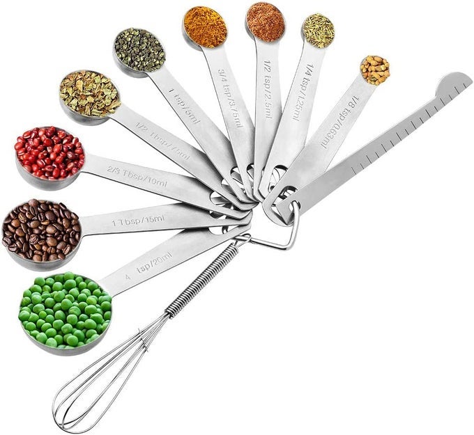 STAINLESS STEEL MEASURING SPOONS SET SET OF 11 INCLUDE 9 STAINLESS STEEL MEASURING SPOONS EGG WHISK AND MEASURING RULER SCRAPE TEASPOON TABLESPOON SET FOR COOKING AND BAKING