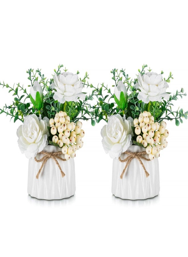 BLOSMON Artificial Flowers in Pot Decoration: Pack of 2 Mini White Artificial Roses Artificial Flowers with Vase for Table Decoration Living Room Home Decoration Fake Flower Plants Bedroom Wedding - Image 1