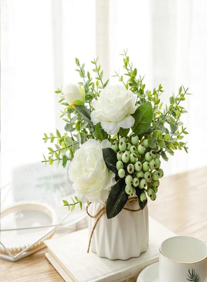 BLOSMON Artificial Flowers in Pot Decoration: Pack of 2 Mini White Artificial Roses Artificial Flowers with Vase for Table Decoration Living Room Home Decoration Fake Flower Plants Bedroom Wedding - Image 2