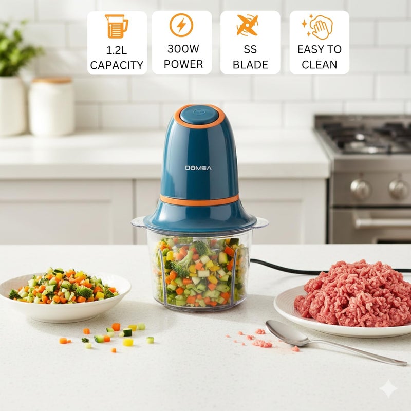 DOMEA 1.2 L Electric Mincer, Vegetable & Fruit Chopper, Mini Food Grinder, Detachable Stainless Steel Blades, For Easy & Quick Grinding, Dip Making, 300 W - Image 2