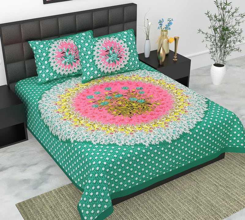 E-WISH BOX EWISH BOX Floral Flower Double Bedsheet Set with 2 Pillow Covers Green and Pink Cotton - Image 4