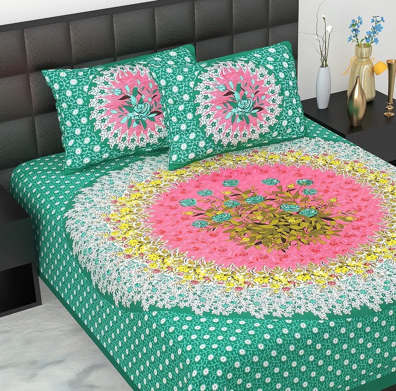E-WISH BOX EWISH BOX Floral Flower Double Bedsheet Set with 2 Pillow Covers Green and Pink Cotton - Image 1