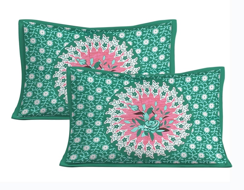 E-WISH BOX EWISH BOX Floral Flower Double Bedsheet Set with 2 Pillow Covers Green and Pink Cotton - Image 2