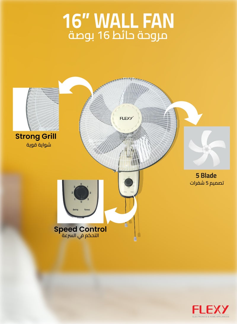 FLEXY® 16 Inch High Airflow Wall-Mounted Electric Fan | For Home, Office, Dorms, Gyms And Grow Tents | 180 Degree Oscillating 3 Speeds Metal Wall Fan | With Wall Mount - Image 2