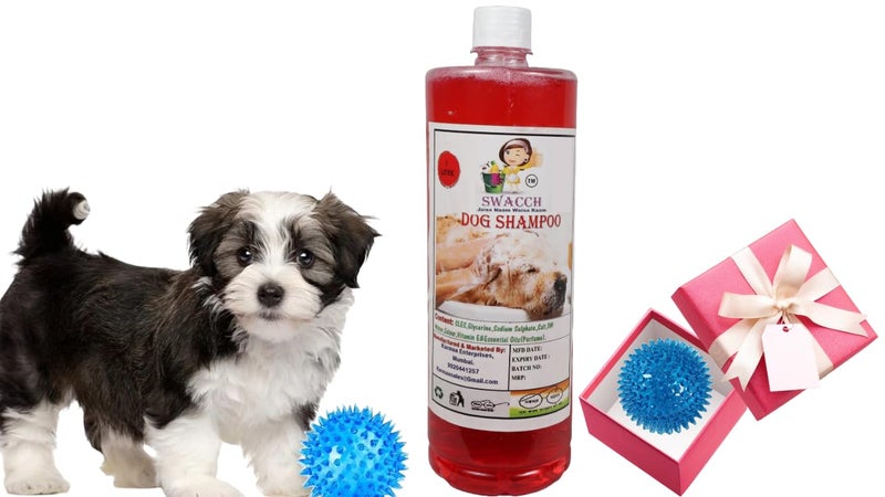 swacch Shampoo | Puppy Safe Shampoo | PH Balanced | Ditch to Itch for Dog Shampoo 1 Litre (Strawberry) + Spike Ball Chew Toy Combo Pack - Image 1