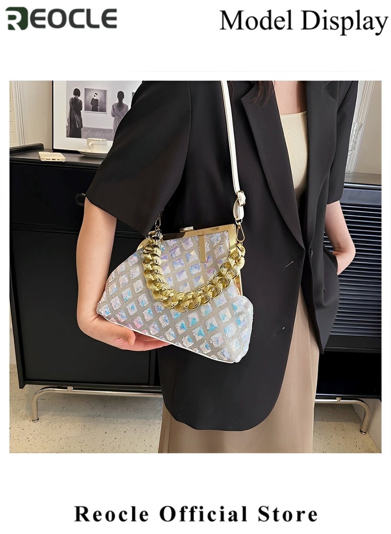 REOCLE Women's Crossbody Bag with Retro textured sequins Shoulder Tote Bag Glitter Handbag Purse Messenger Bag Chain Bag Square Bag - Image 4