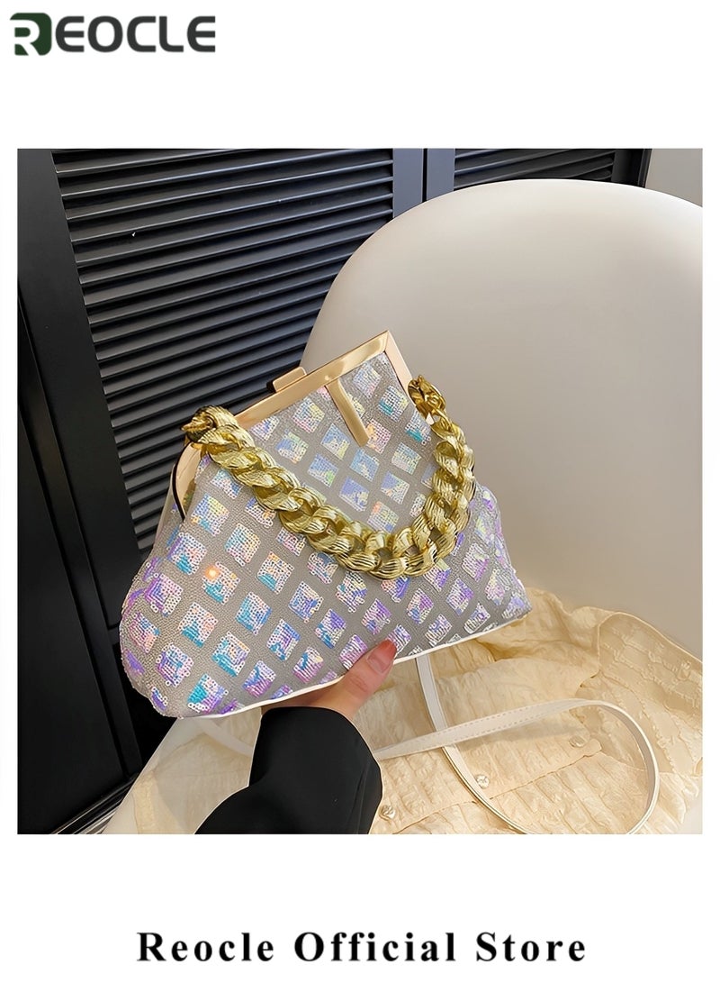 REOCLE Women's Crossbody Bag with Retro textured sequins Shoulder Tote Bag Glitter Handbag Purse Messenger Bag Chain Bag Square Bag - Image 2