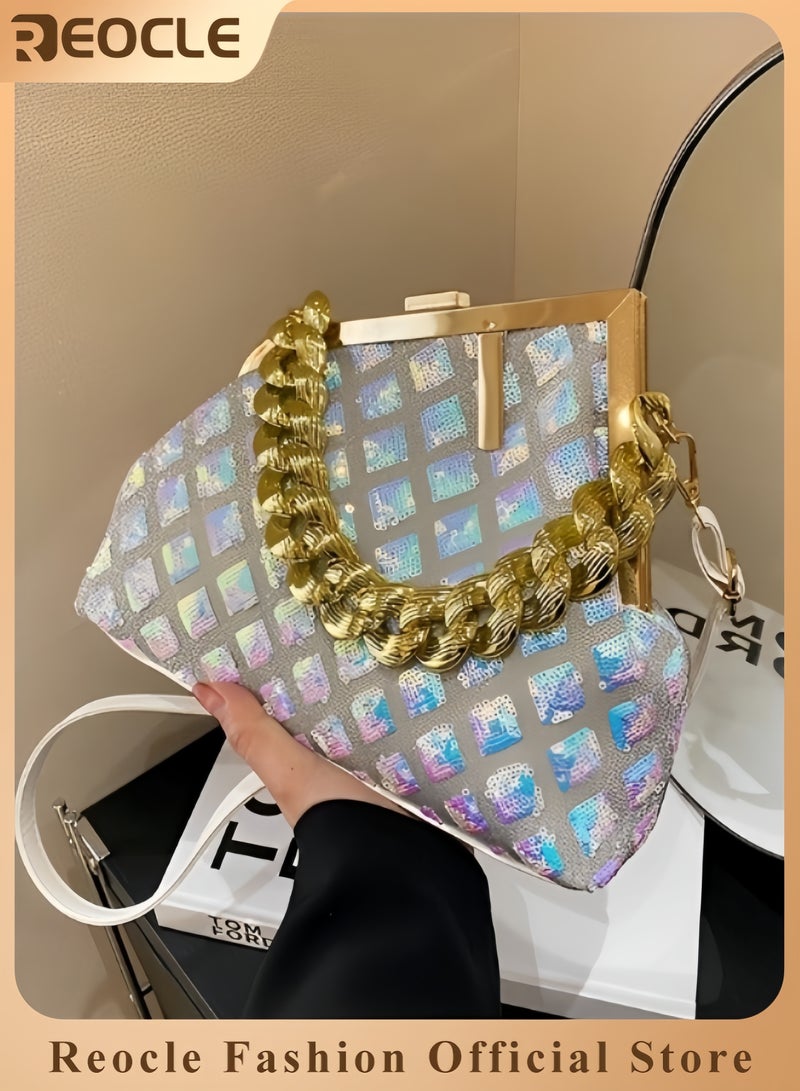 REOCLE Women's Crossbody Bag with Retro textured sequins Shoulder Tote Bag Glitter Handbag Purse Messenger Bag Chain Bag Square Bag - Image 1