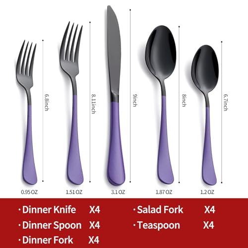Onlycooker 20-Piece Black Silverware Set 18/0 Stainless Steel Flatware Purple Handle Cutlery Set Service for 4 Dinner Knives Forks Spoons Set Mirror Finish Dishwasher Safe - Image 2