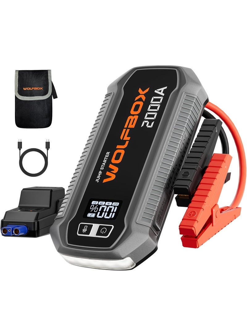WOLFBOX 2000A Car Jump Starter Power Pack 44.4Wh, 12V Portable Battery Booster for 7L Gas / 6L Diesel Engines, 30W USB-C Quick Charge Power Bank, LED Display, 300LM Flashlight with Jump Leads - Image 1