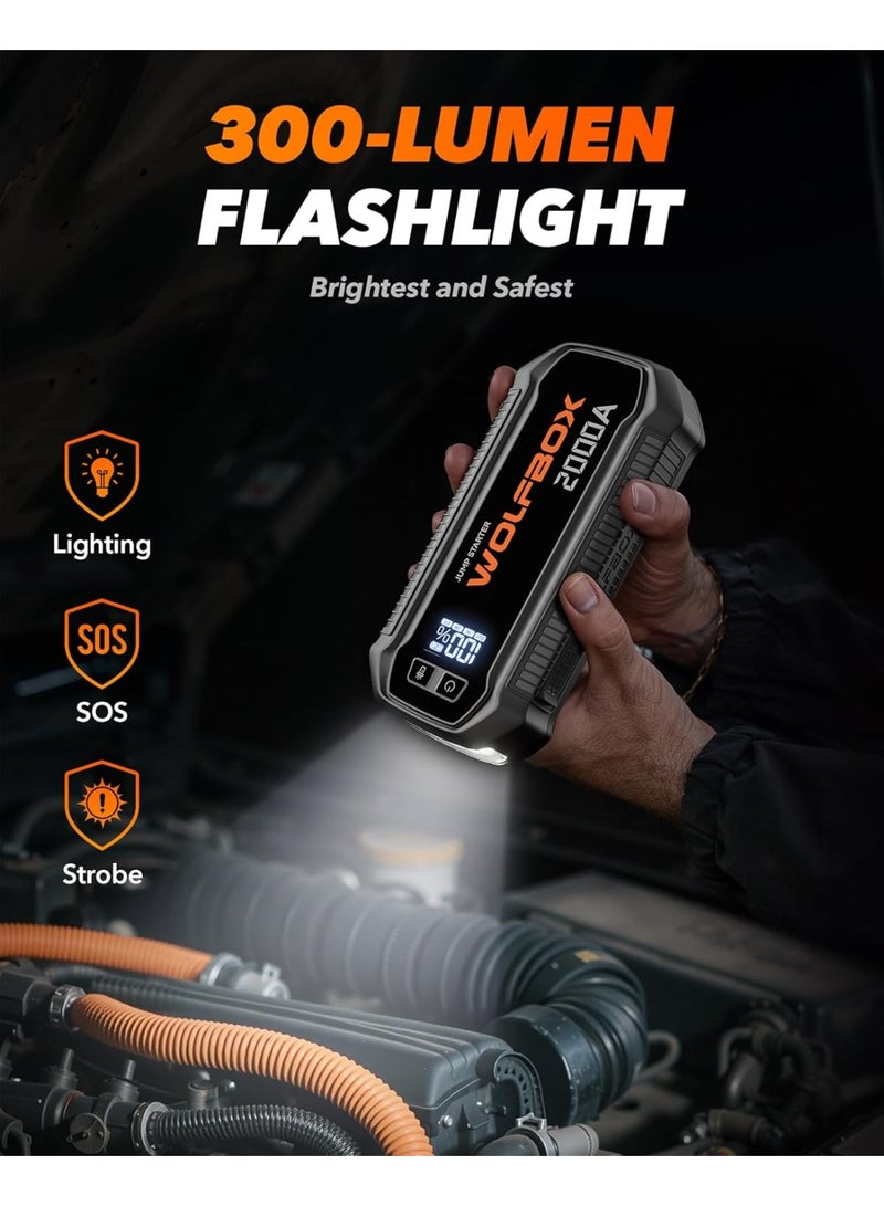 WOLFBOX 2000A Car Jump Starter Power Pack 44.4Wh, 12V Portable Battery Booster for 7L Gas / 6L Diesel Engines, 30W USB-C Quick Charge Power Bank, LED Display, 300LM Flashlight with Jump Leads - Image 3