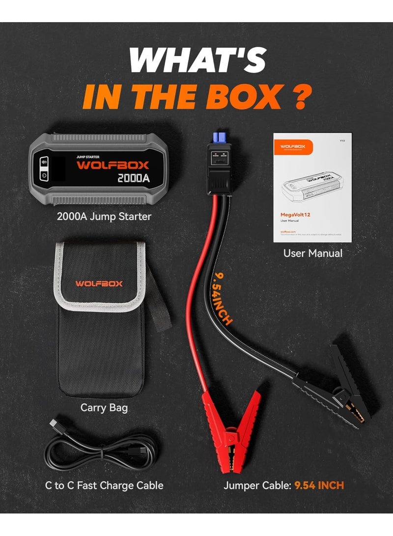 WOLFBOX 2000A Car Jump Starter Power Pack 44.4Wh, 12V Portable Battery Booster for 7L Gas / 6L Diesel Engines, 30W USB-C Quick Charge Power Bank, LED Display, 300LM Flashlight with Jump Leads - Image 4