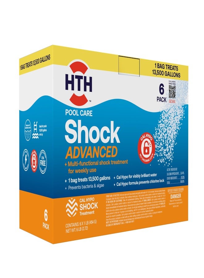 اتش تي اتش HTH 52036R Pool Care Shock Advanced، مادة كيميائية لحمامات السباحة - تركيبة كال هيبو، تمنع البكتيريا والطحالب، وتعيد المياه إلى نقائها الكريستالي - معالجة بالصدمة، (عبوة من 6 قطع) - Image 1
