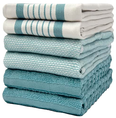 Bumble Towels Premium Kitchen Towels (20”x 28”, 6 Pack) | Large Cotton Dish Towels | Flat & Terry Highly Absorbent Kitchen Linen Set with Hanging Loop | Aqua - Image 1