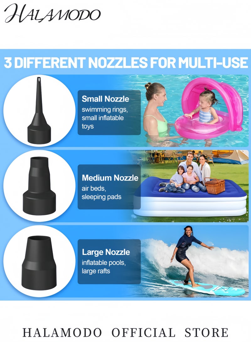 هالامودو مضخة هواء كهربائية للنفخ منفاخ هواء سريع التعبئة ومفرغ هواء بثلاث فوهات مضخة هواء محمولة مراتب عوامات سباحة أسرّة هوائية قوارب وغيرها - Image 2
